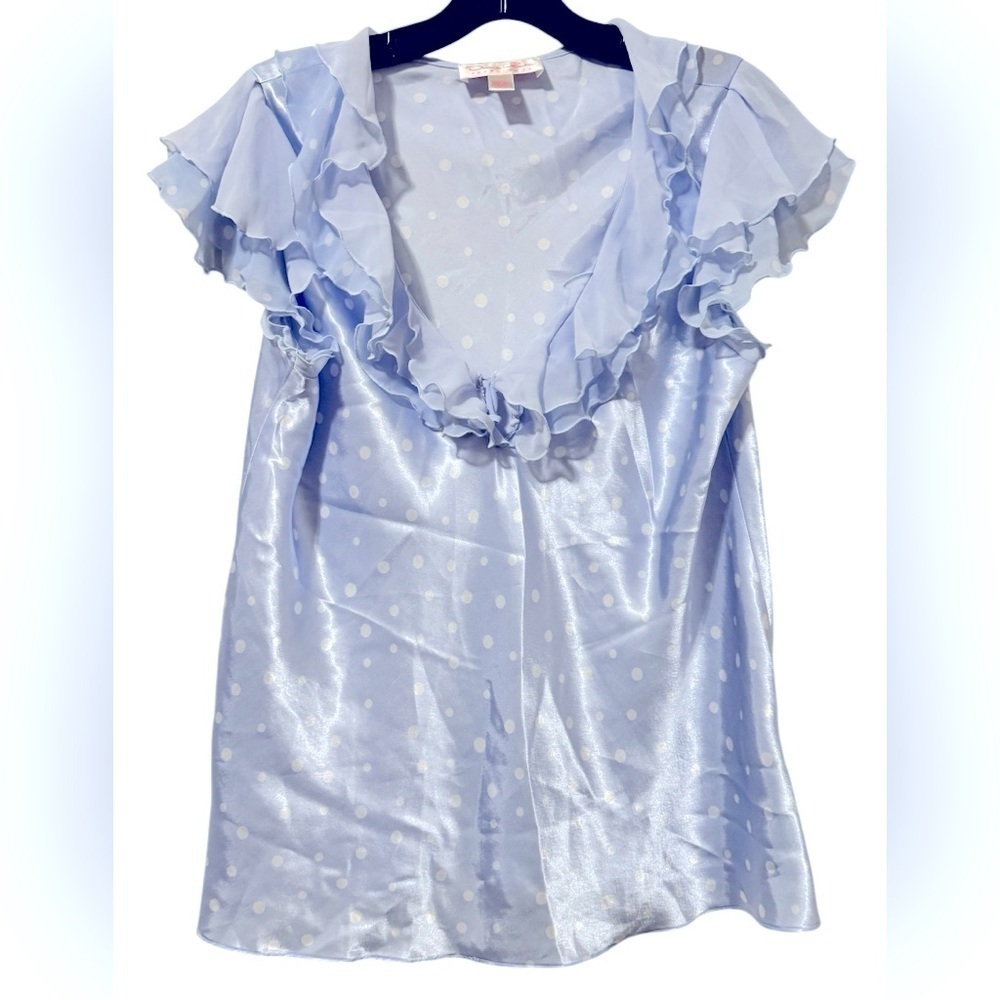 Oscar De La Renta Pink Label Polka Blouse Top Size Large Light Blue White
